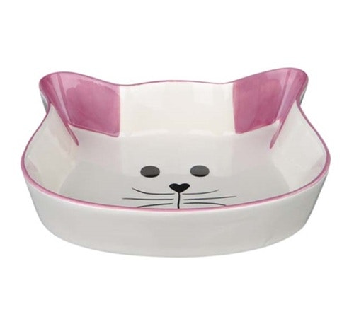 En rosa kattmatskål formad som en katt.
