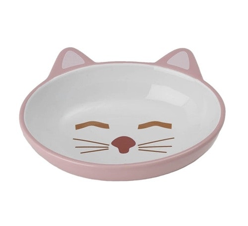 En rosa kattmatskål formad som en katt.
