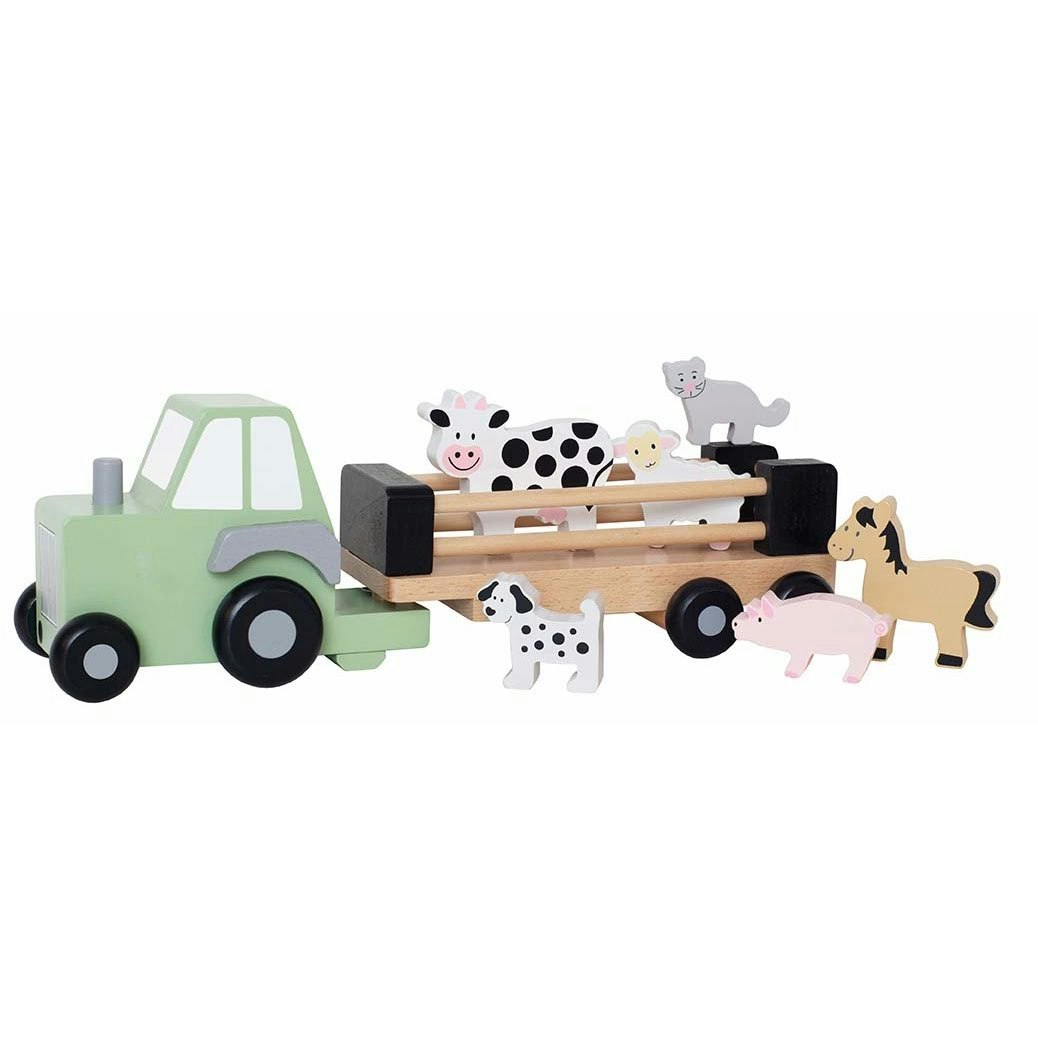 Traktor i trä med djur
