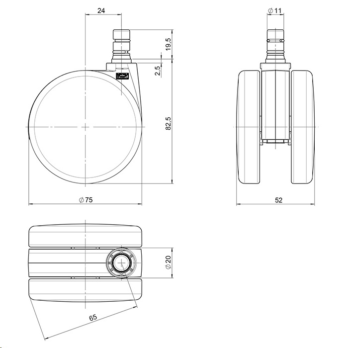 5-pack stolshjul för mjuka golv ROLOS 11 mm / 75 mm - Low Noise Technology