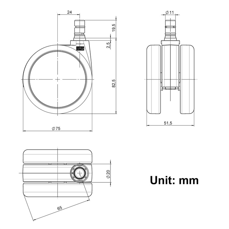 5-pack stolshjul för hårda golv ROLOS 11 mm / 75 mm - Low Noise Technology