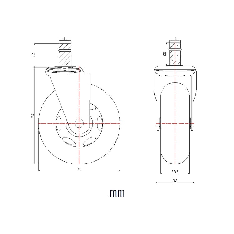 5 x hjul för hårda golv ROLOS XL 11 mm / 75 mm