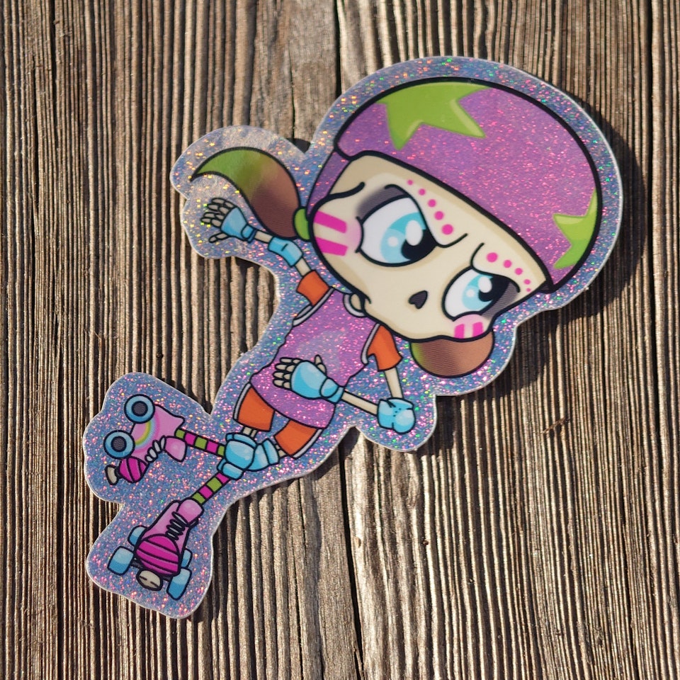 sticker with a roller skate riding skeleton