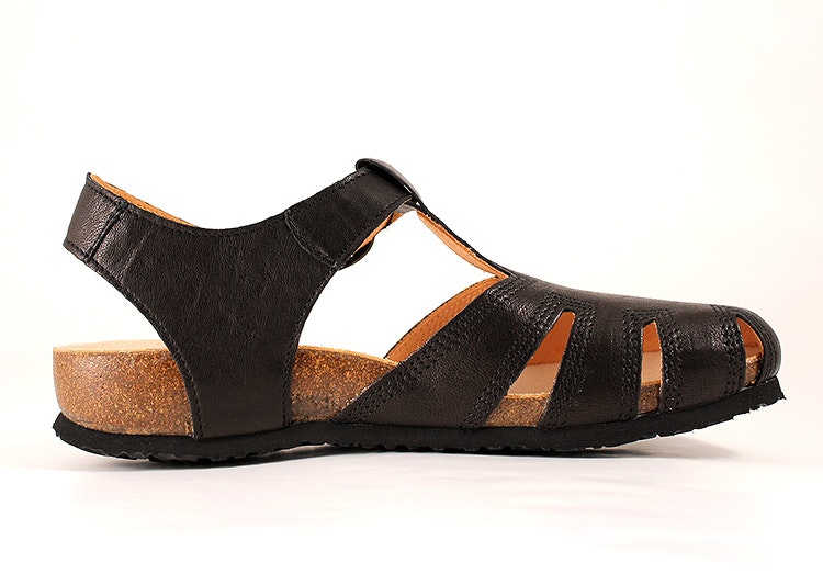 Think! Shoes Julia Svart. Sandaler med ortopedisk fotbädd. Vegetabilgarvat, 100% kromfritt skinn