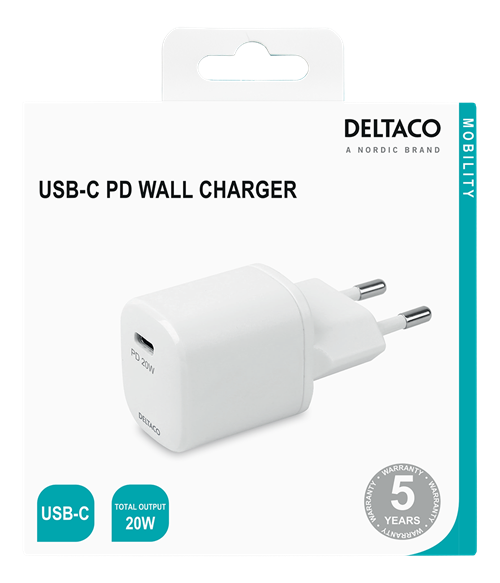DELTACO USB-C PD väggladdare, 20 w