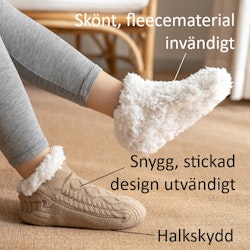 Varma, stickade tofflor med halkskydd - BEIGE