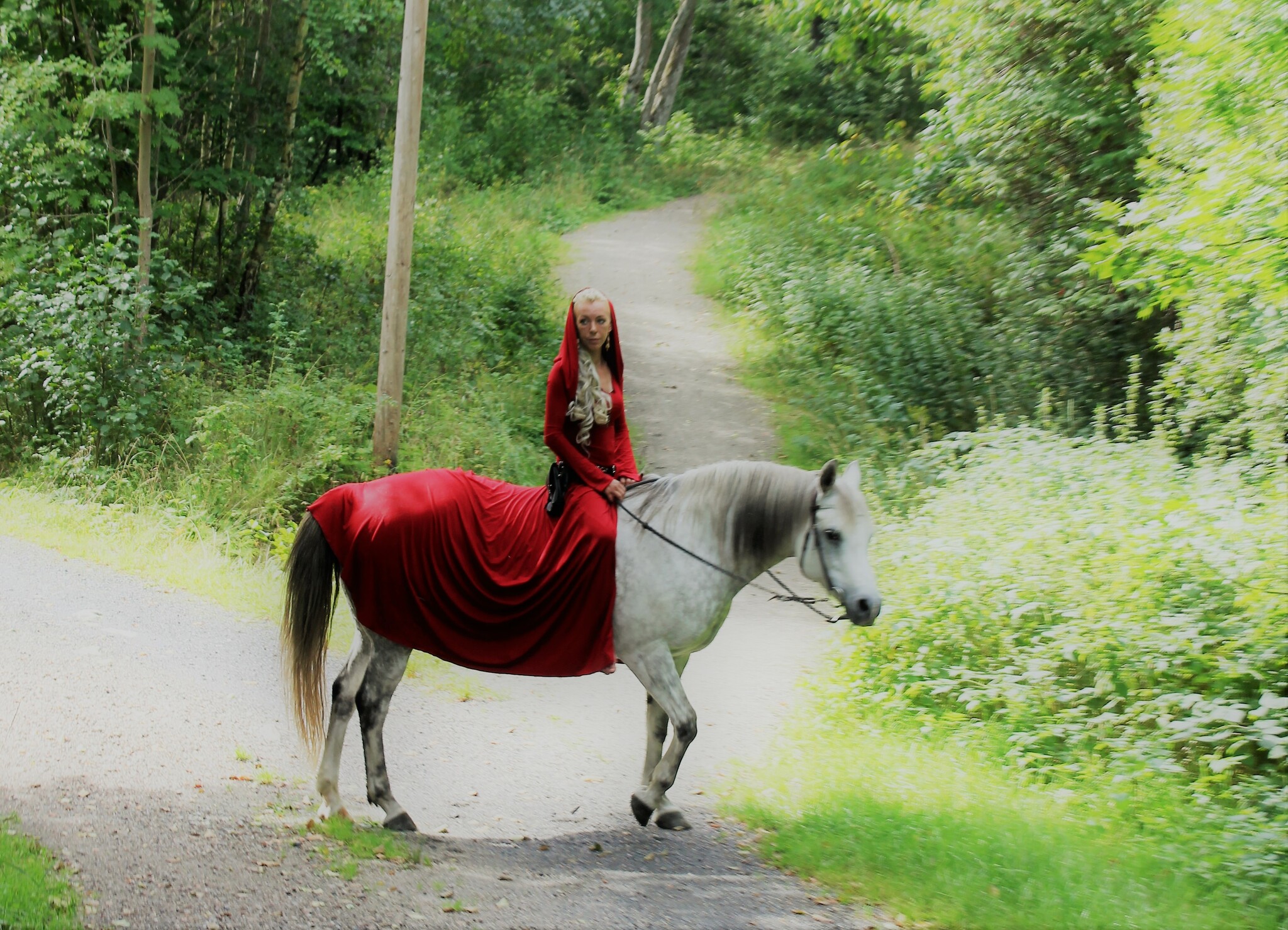 Röd klänning på hästrygg, red viking dress on horseback