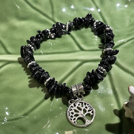 Armband- Turmalin - Chips - Silverpärlor - Träd Charm