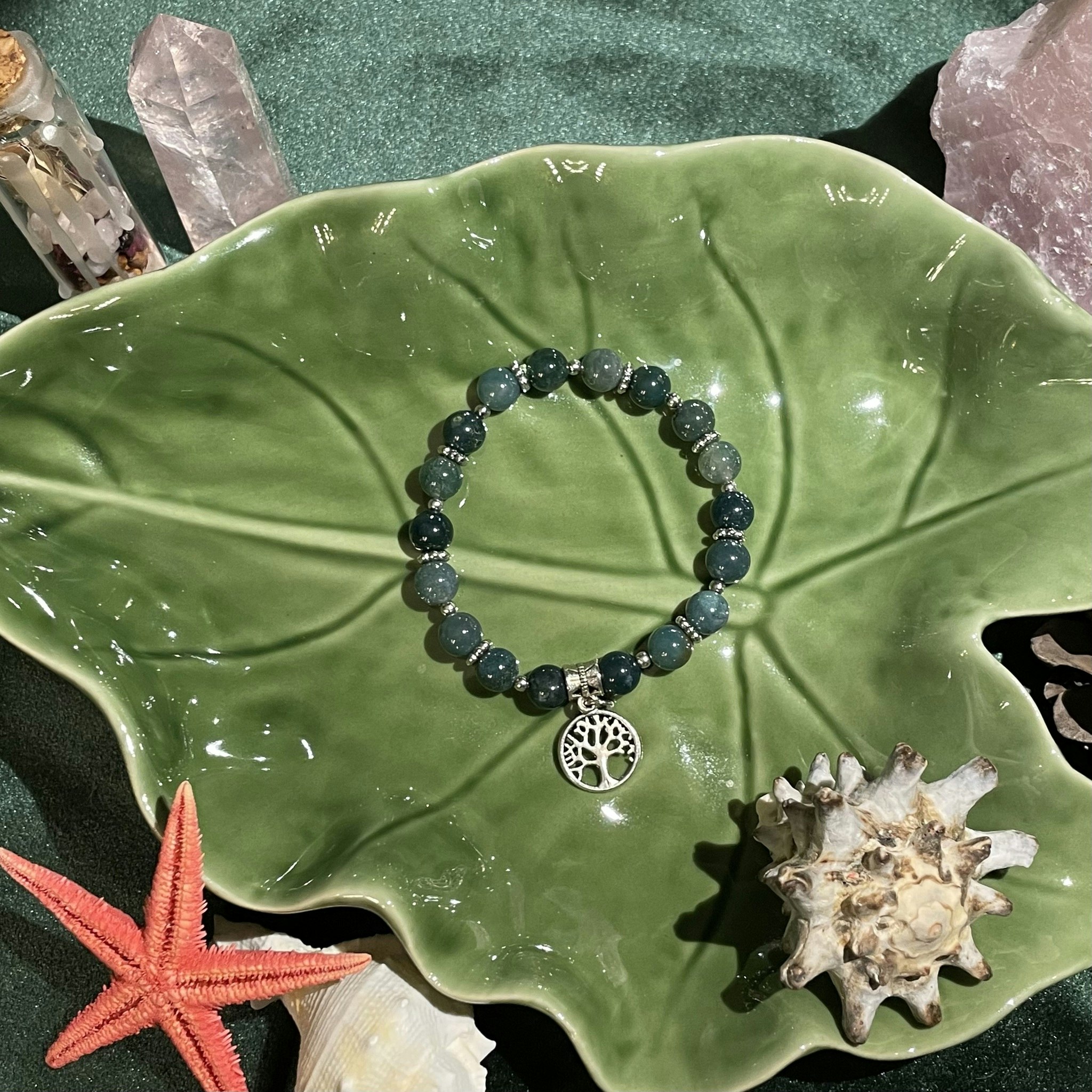 Armband - Mossagat - Rund - Silverpärlor - silver Träd Charm