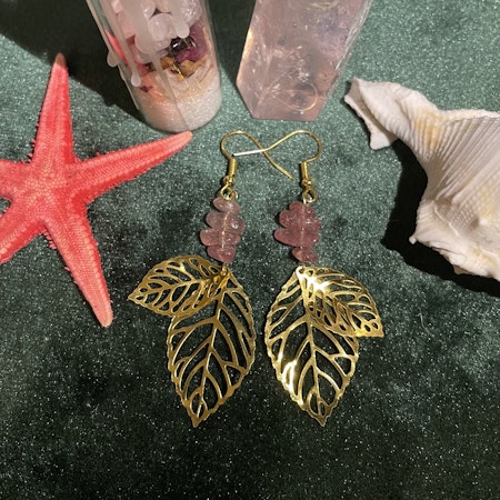 Örhängen - Jordgubbskvarts - Chips - Guld Blad Charms