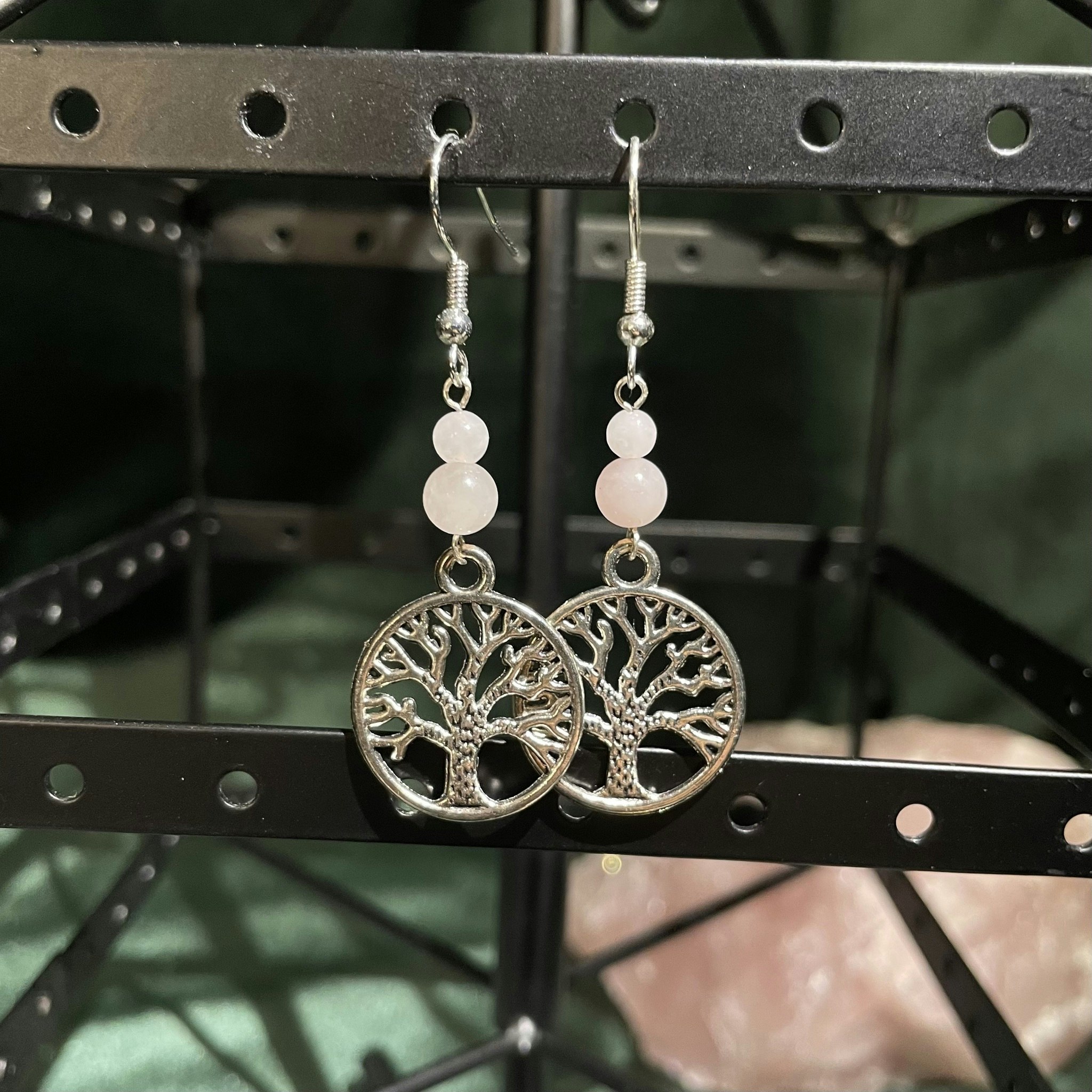 Örhängen - Rosenkvarts - Rund - Silver Träd Charm
