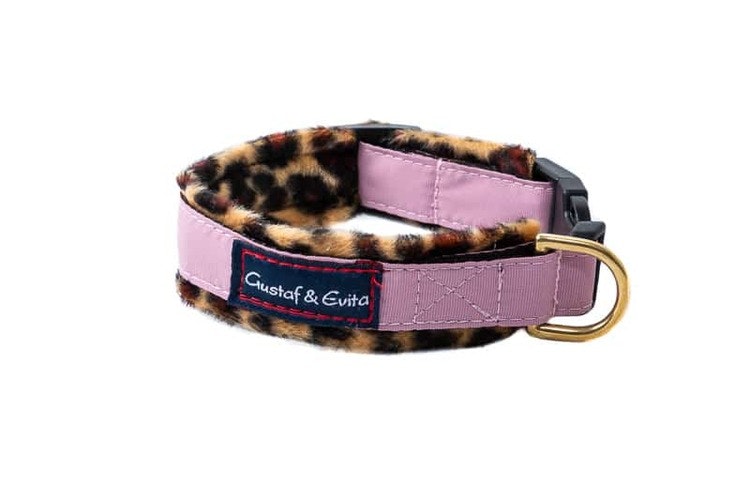 Gustaf & Evita halsband, gammelrosa / leopard