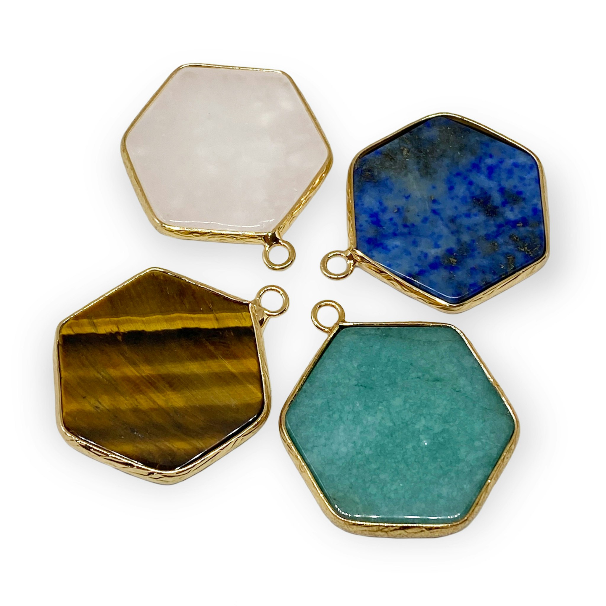 Smyckestillverkning - Hexagonformade stenhängen lapis lazuli rosenkvarts tigeröga turkos jade