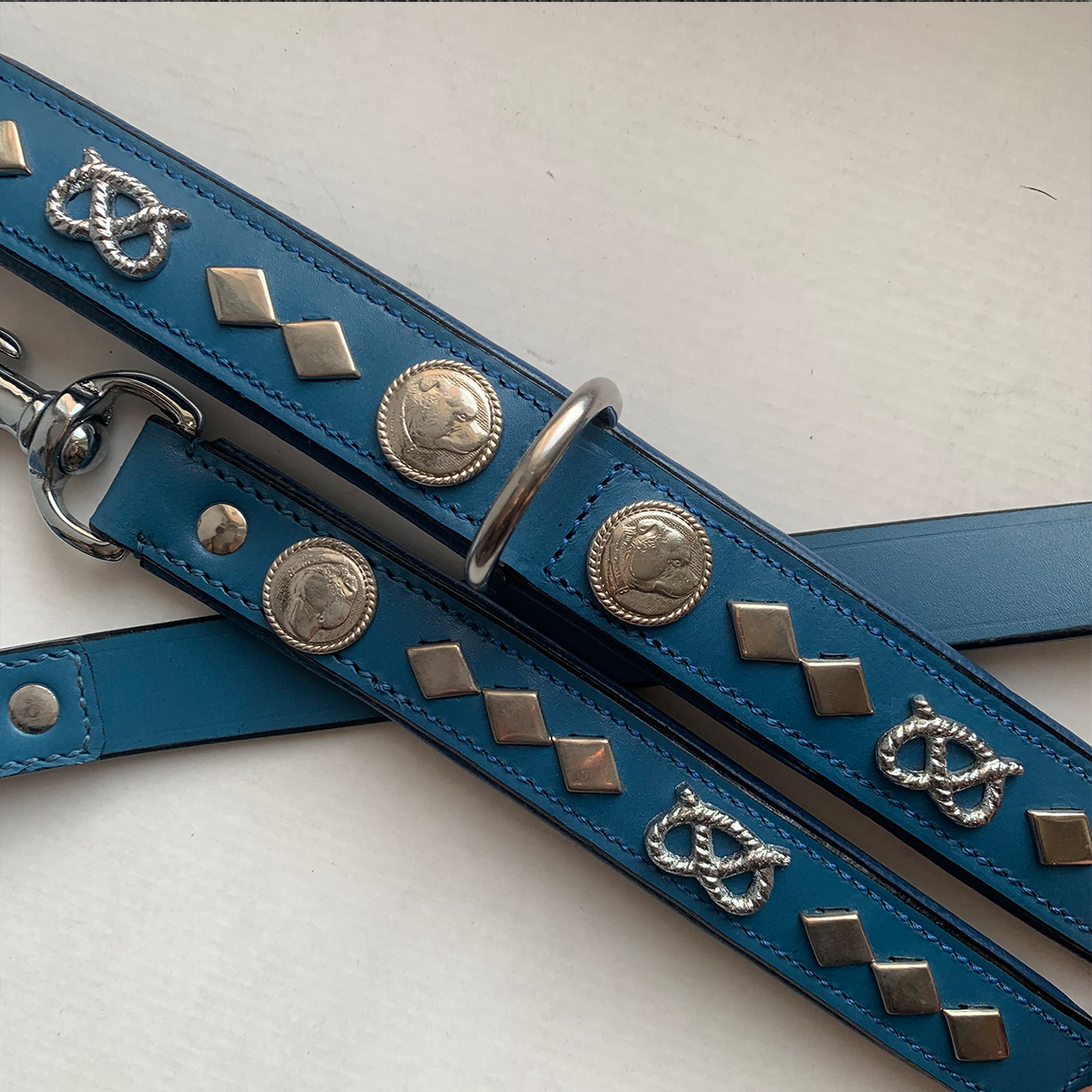 Leather Collar & Leash Set - Gentleman Jim - Blue/Silver - Staffordshire Bull Terrier 1935