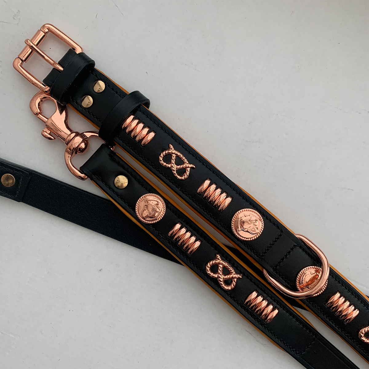 Leather Collar & Leash Set - Gladiator - Black/Tan Rose Gold - Staffordshire Bull Terrier 1935