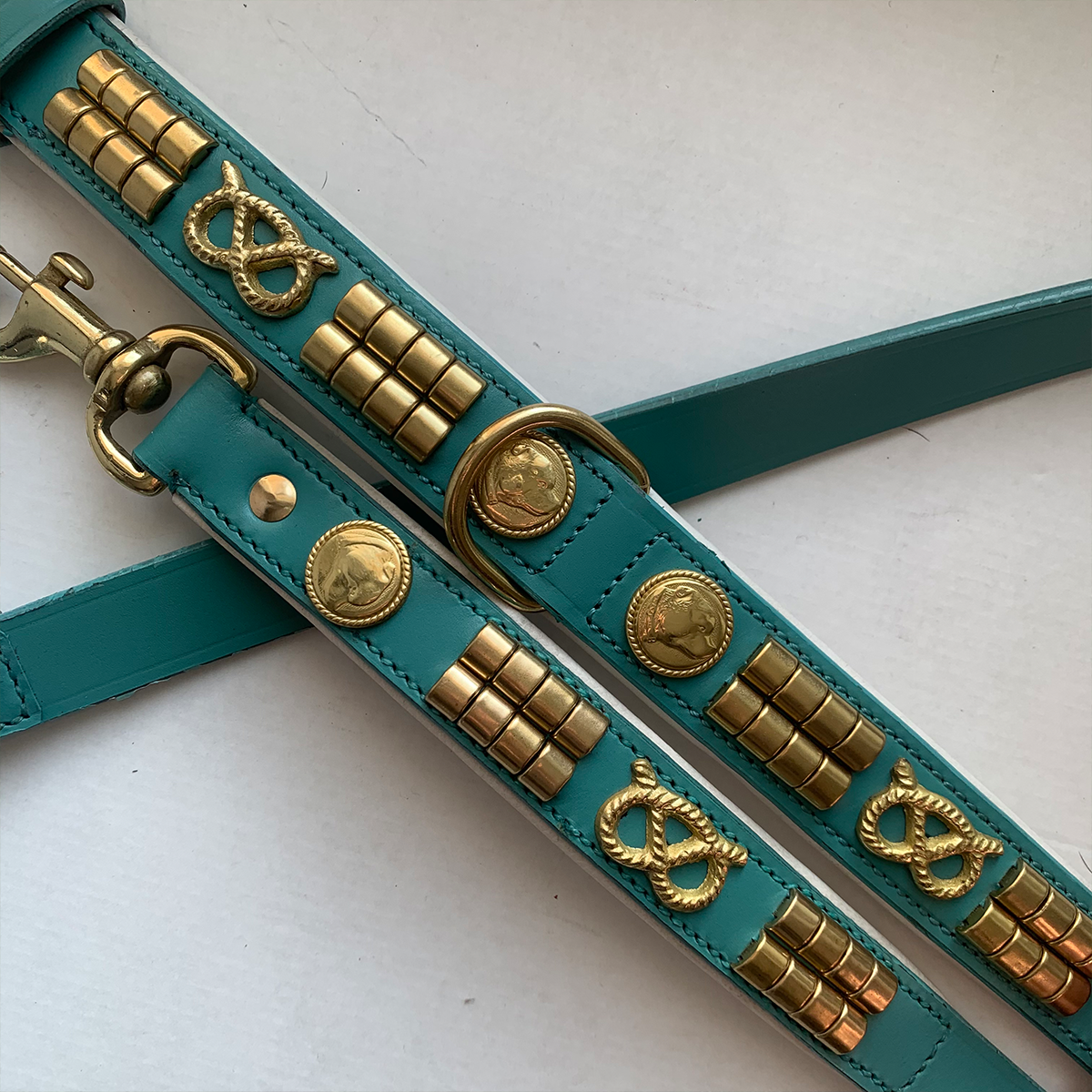 Leather Collar & Leash Set - Jefferson - Turquoise/white Gold - Staffordshire Bull Terrier 1935