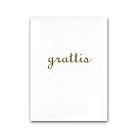 Nobhilldesigners litet kort "Grattis" skrivstil guld