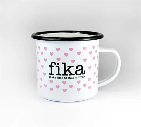 Mellow Design emaljmugg Fika hjärtan rosa