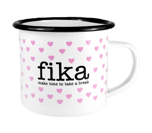 Mellow Design emaljmugg Fika hjärtan rosa