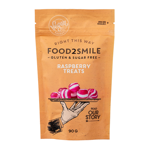 KORT DATUM! Food2smile - Raspberry Treats, karameller, 90 g (BF 2025-07-30)