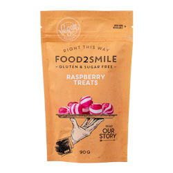 KORT DATUM! Food2smile - Raspberry Treats, karameller, 90 g (BF 2025-07-30)
