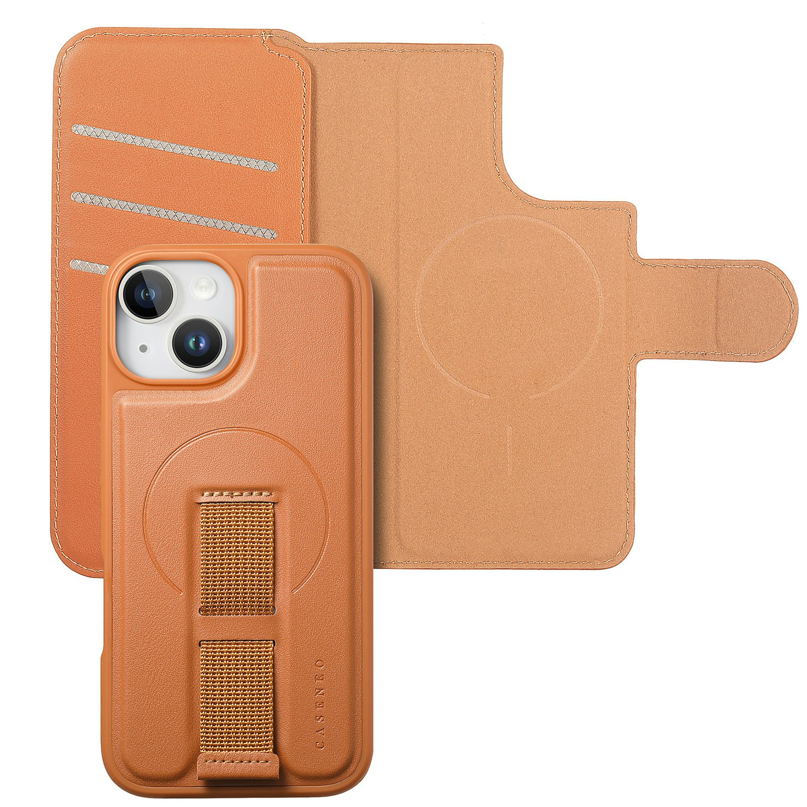 iPhone 14 Plånbok med MagSafe-skal & fingerband Brun
