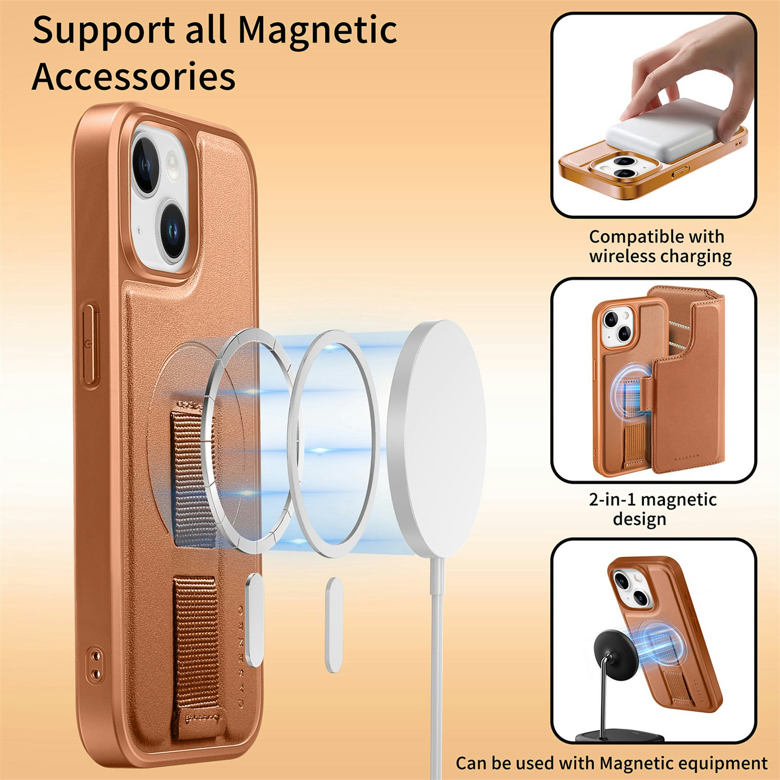 iPhone 15 Plånbok med MagSafe-skal & fingerband Brun