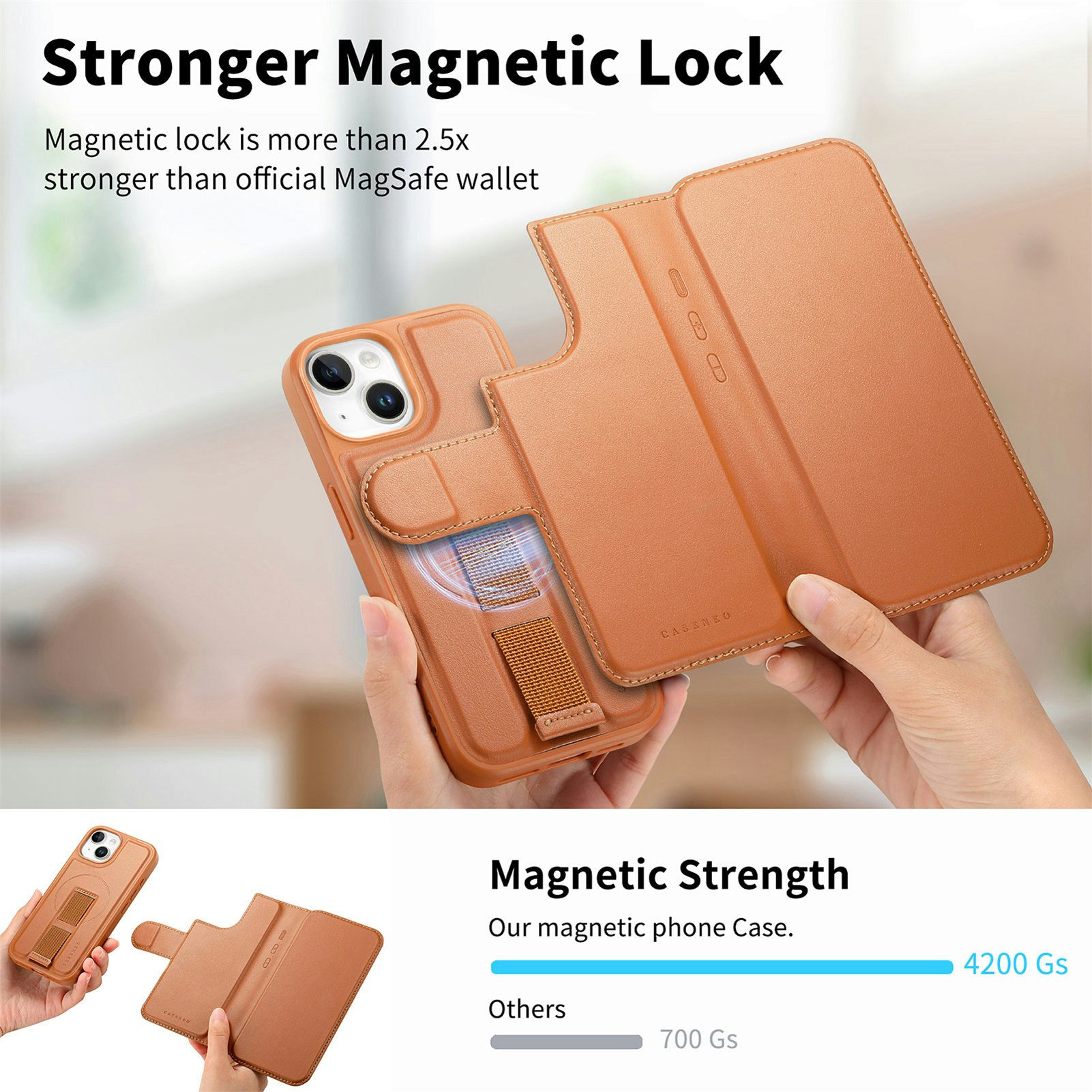 iPhone 15 Plånbok med MagSafe-skal & fingerband Brun