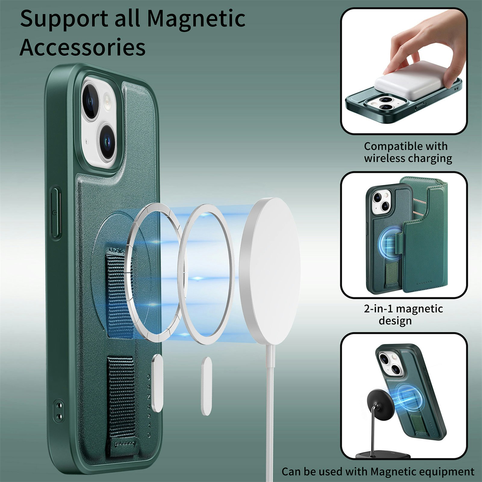 iPhone 15 Plånbok med MagSafe-skal & fingerband Grön