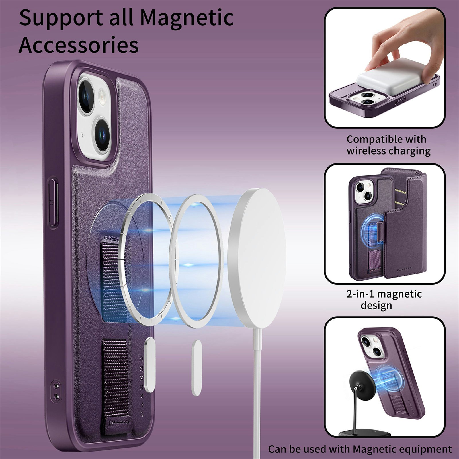 iPhone 15 Plånbok med MagSafe-skal & fingerband Lila