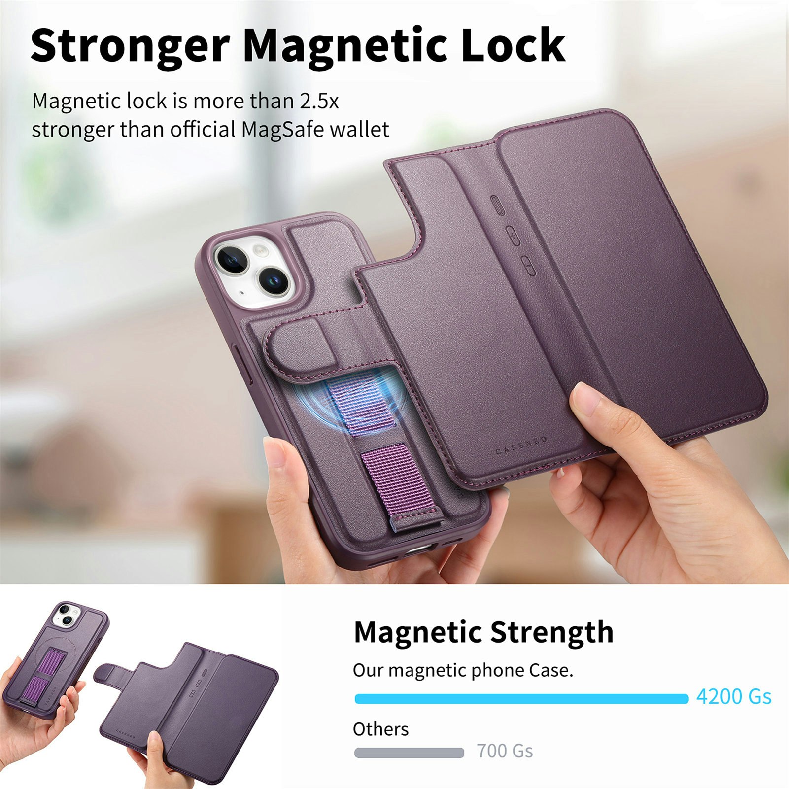 iPhone 15 Plånbok med MagSafe-skal & fingerband Lila
