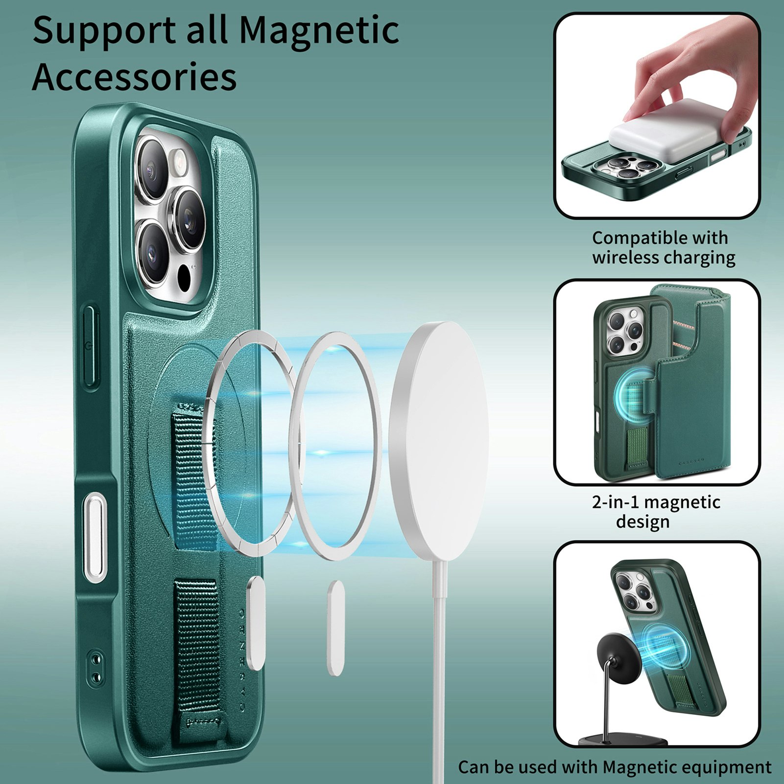 iPhone 16 Pro Max Plånbok med MagSafe-skal & fingerband Grön