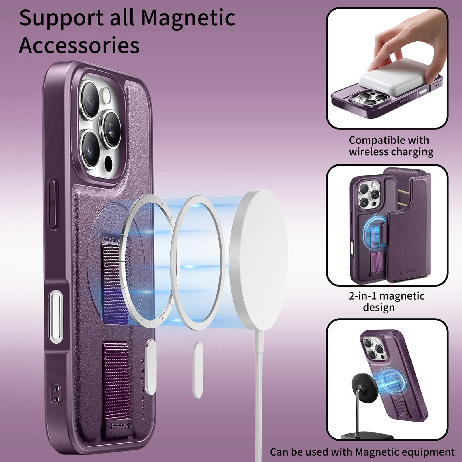 iPhone 15 Pro Plånbok med MagSafe-skal & fingerband Lila