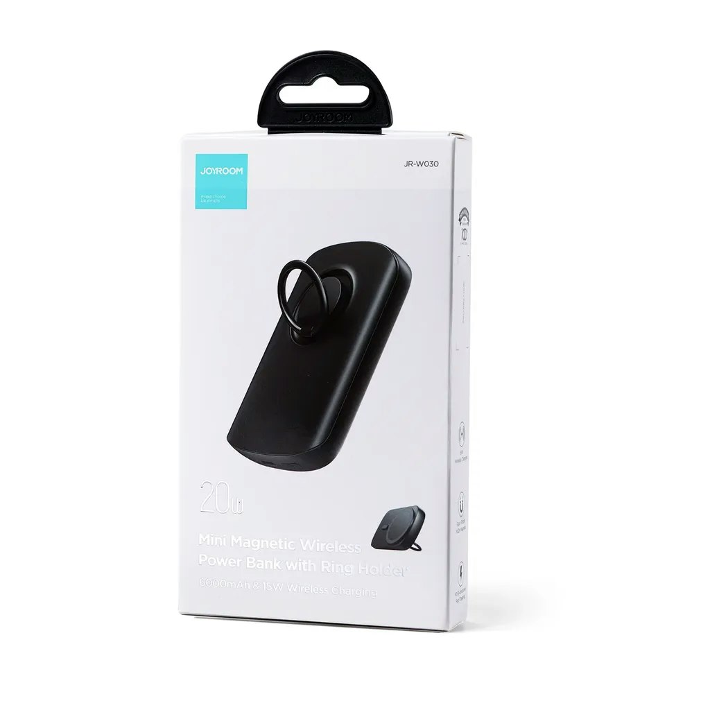 Magnetic Wireless 20W, 6000mAh Powerbank with Ring Holder - Black