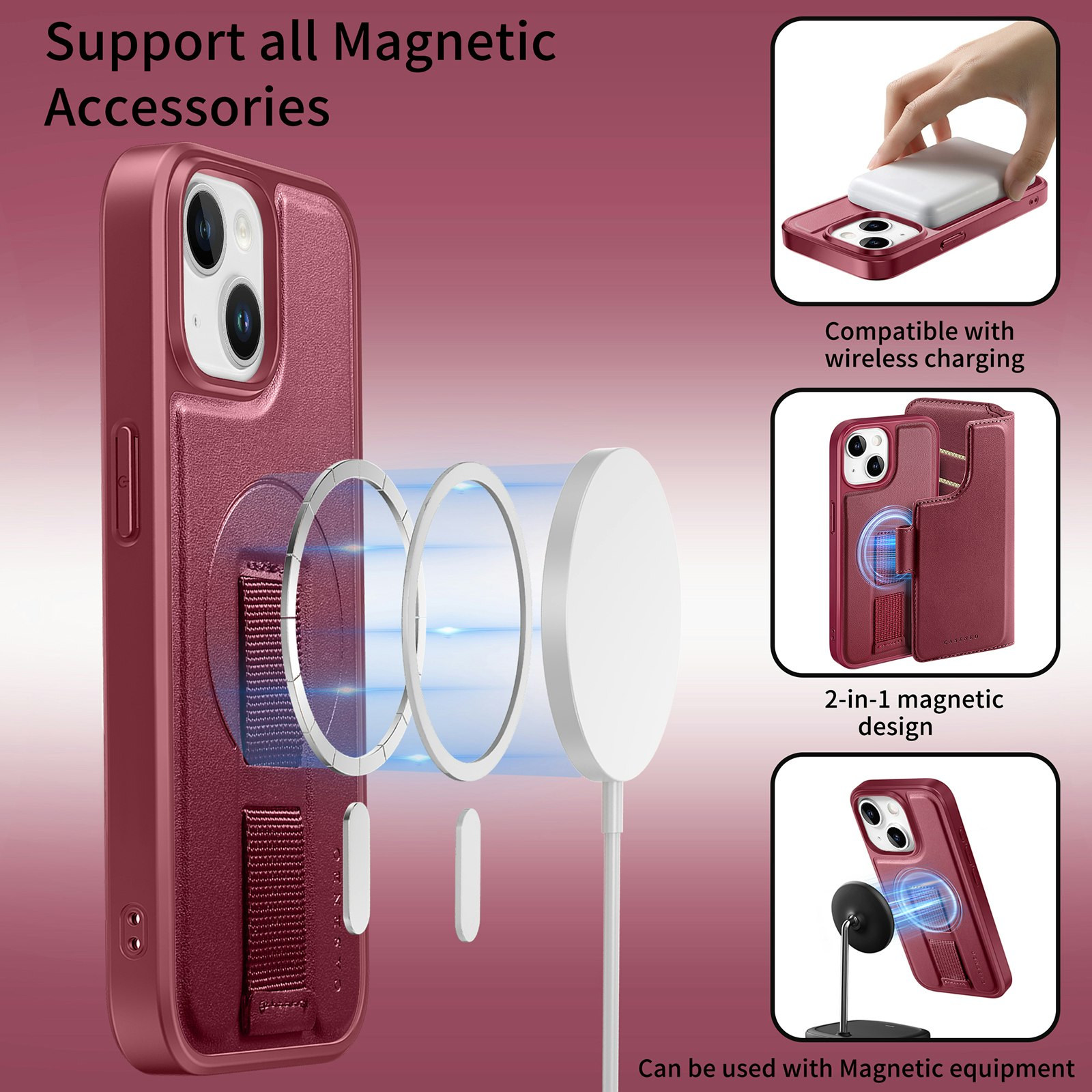 iPhone 13 Plånbok med MagSafe-skal & fingerband Röd