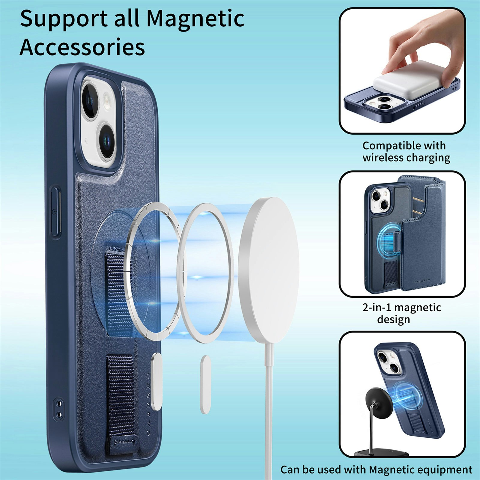 iPhone 13 Plånbok med MagSafe-skal & fingerband Blå