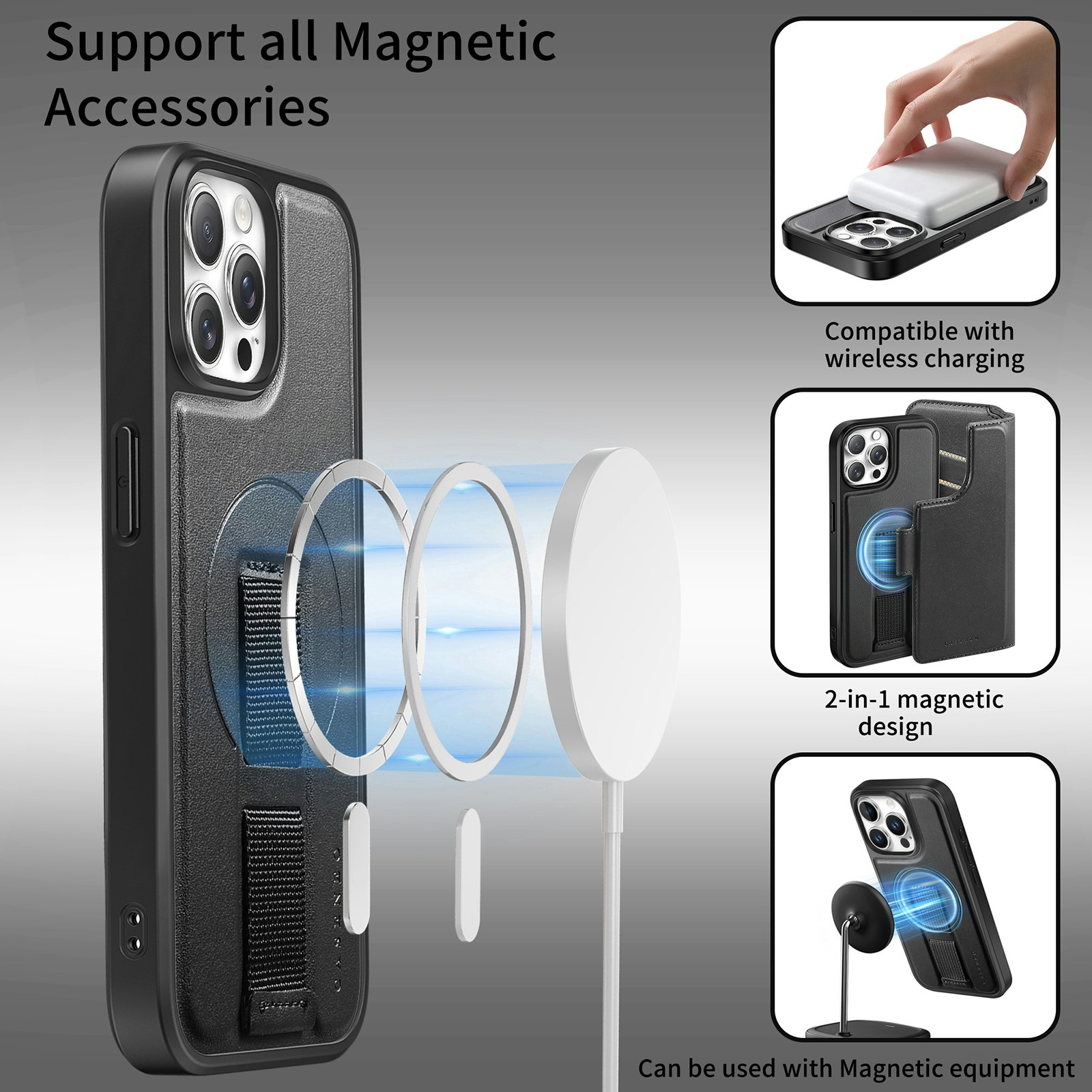 iPhone 12-12 Pro Plånbok med MagSafe-skal & fingerband Svart