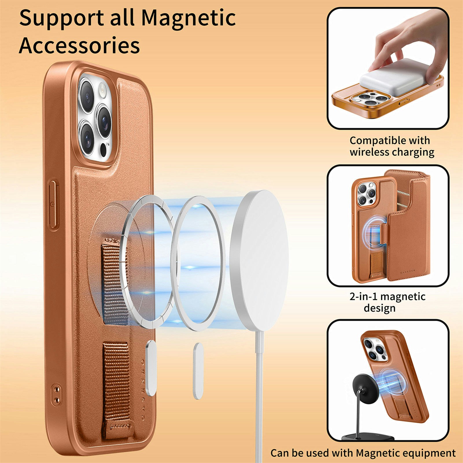 iPhone 12-12 Pro Plånbok med MagSafe-skal & fingerband Brun