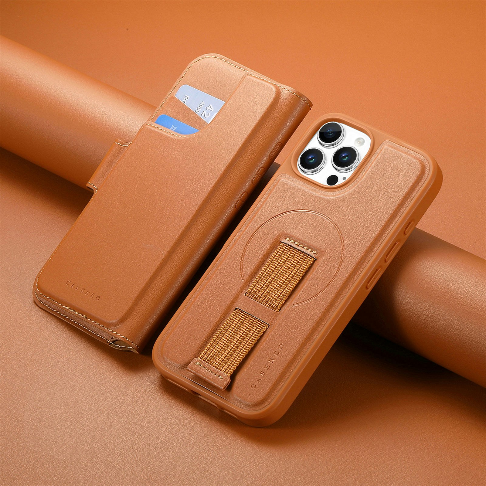 iPhone 12-12 Pro Plånbok med MagSafe-skal & fingerband Brun