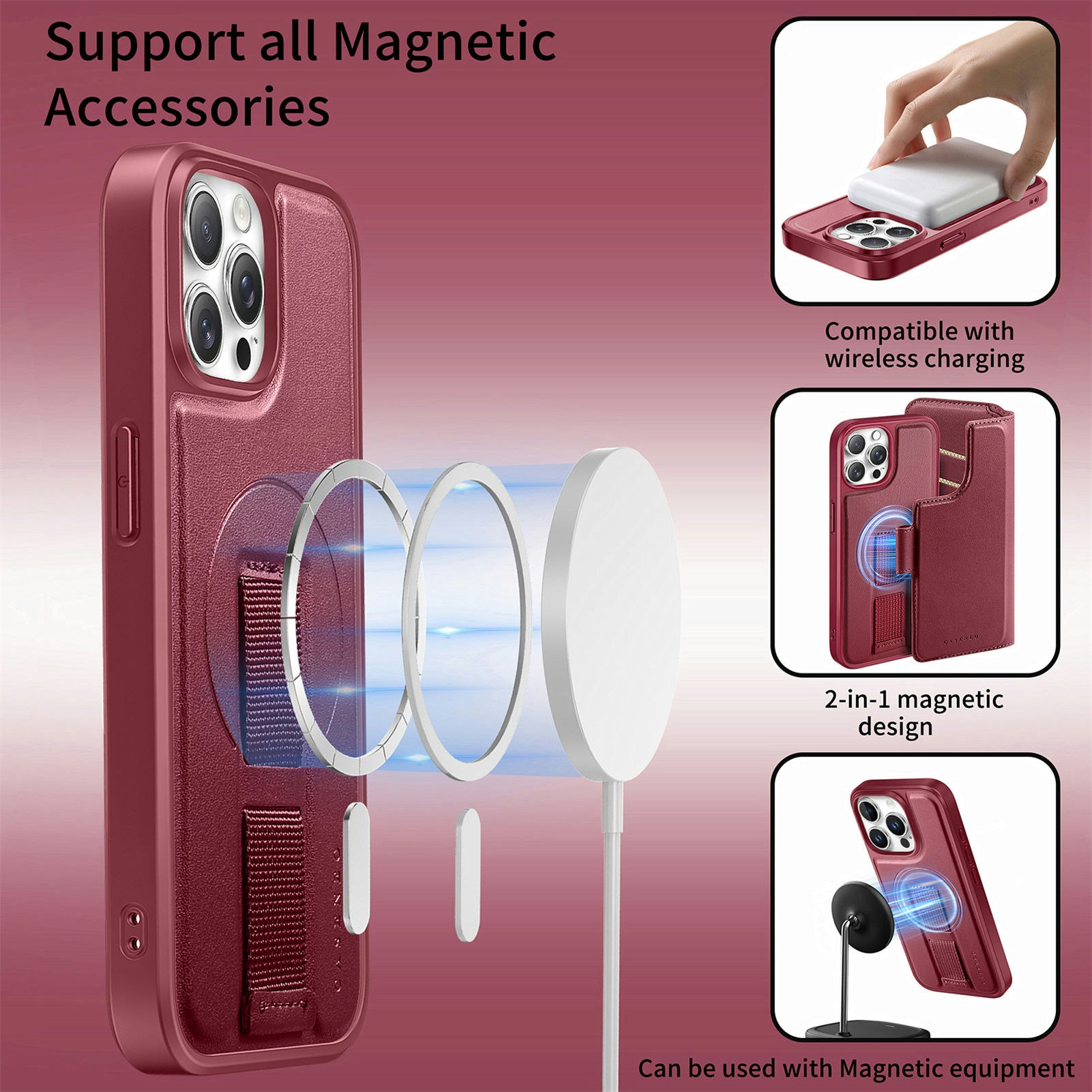 iPhone 12-12 Pro Plånbok med MagSafe-skal & fingerband Röd
