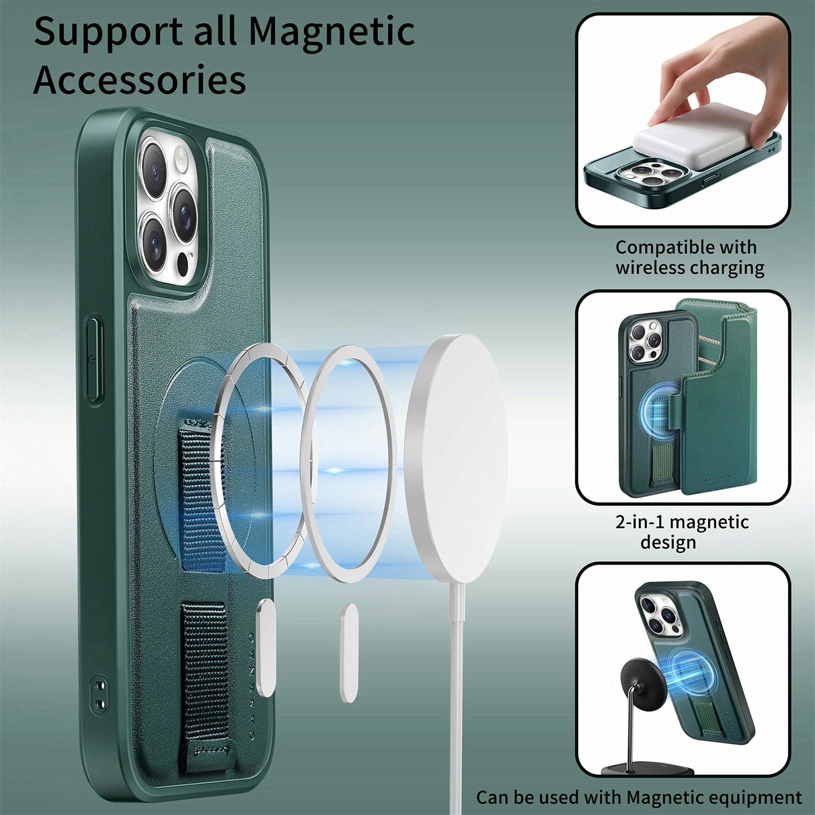 iPhone 12-12 Pro Plånbok med MagSafe-skal & fingerband Grön
