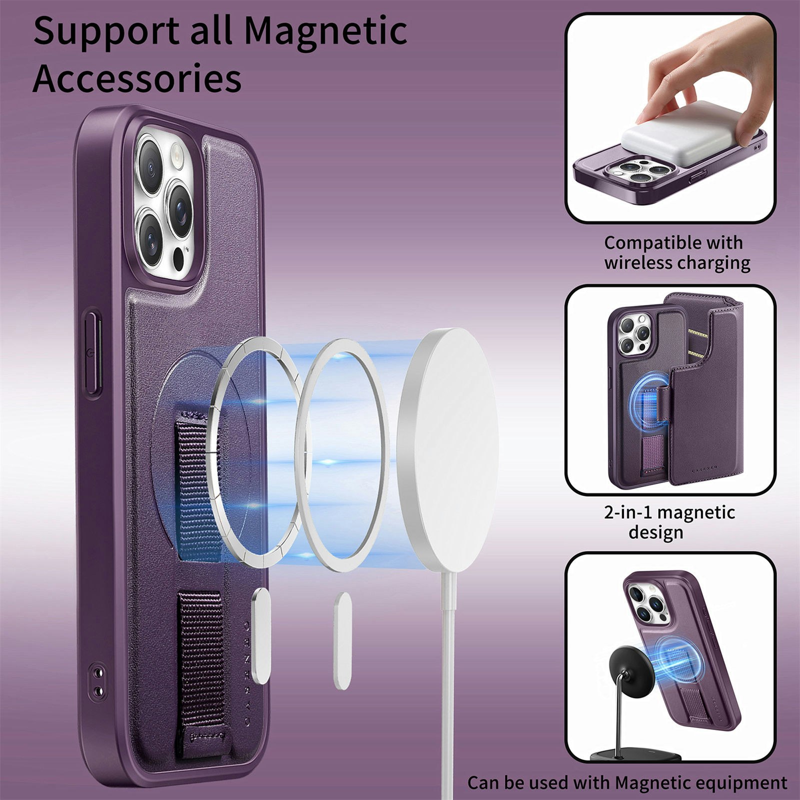 iPhone 12-12 Pro Plånbok med MagSafe-skal & fingerband Lila