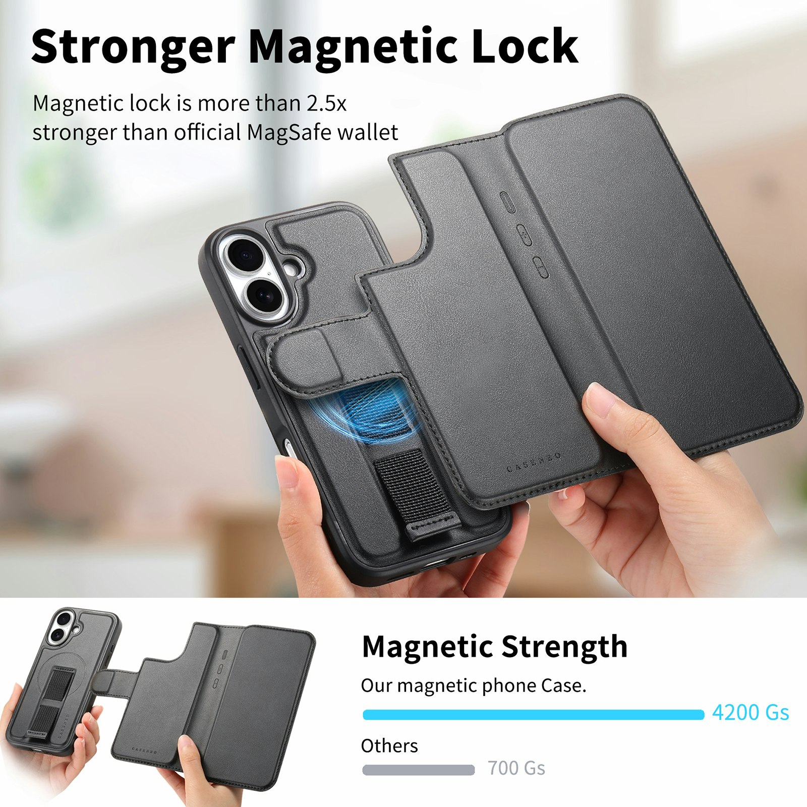iPhone 16 Plånbok med MagSafe-skal & fingerband Svart