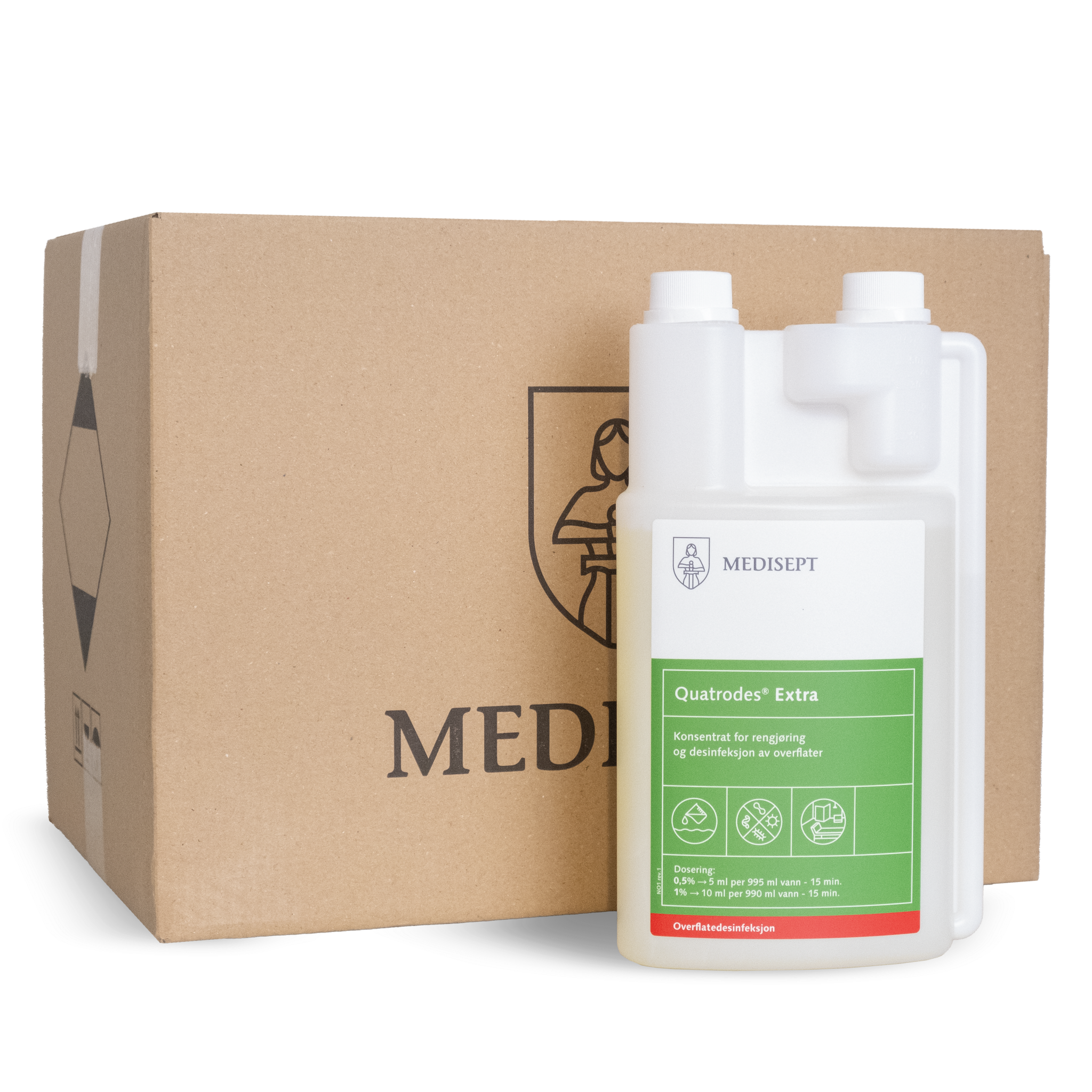 Quatrodes® Extra  1 liter konsentrat, alkoholfri,  vasker og desinfiserer samtidig, etterlater seg en behagelig lukt. Les mer
