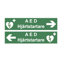 Skylt, AED Hjärtstartare med pil, 400x96mm
