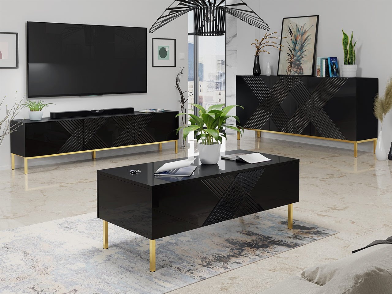 MÖBELSET FÖR VARDAGSRUMMET MADRIELLE SVART ELLER VIT BYRÅ TV-BÄNK SOFFBORD  - Mina Möbler - moderna och exklusiva möbler för ditt hem.