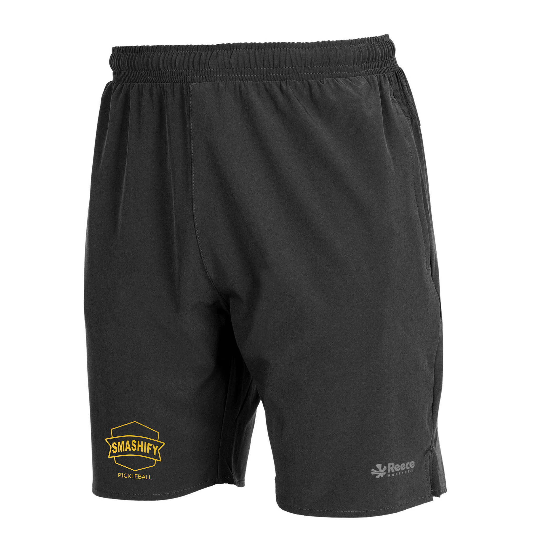 Svarta shorts för pickleball med Smashify logga i guld. Shorts i herrmodell med ficka som även är lämpliga som padelshorts, badmintonshorts, innebandyshorts