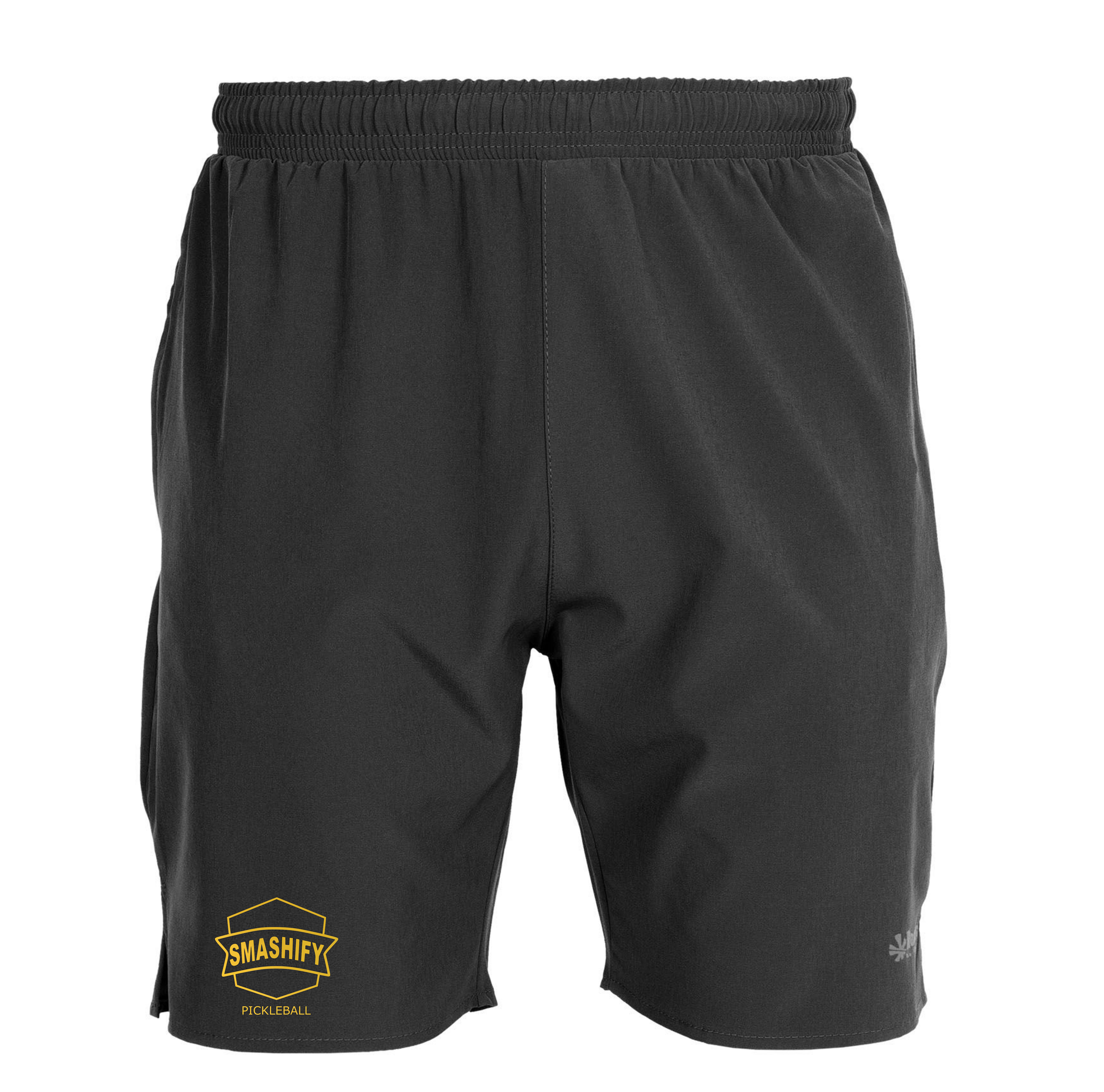 Svarta shorts för pickleball med Smashify logga i guld. Shorts i herrmodell som även är lämpliga som padelshorts, badmintonshorts, innebandyshorts
