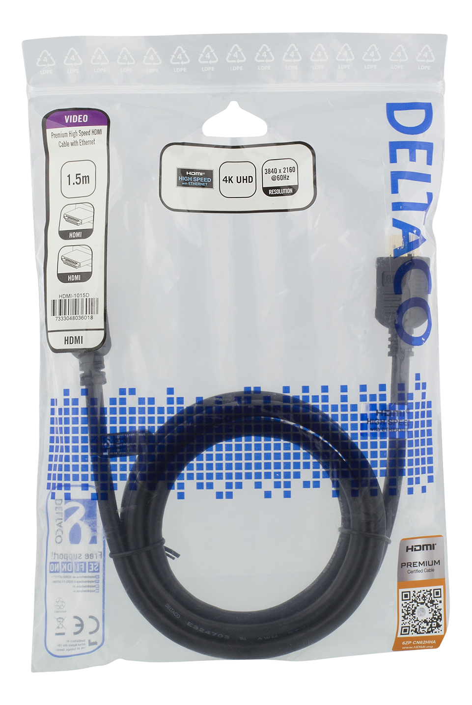 Deltaco High-Speed HDMI cable, 1,5 m, Ethernet, 4K UHD, black