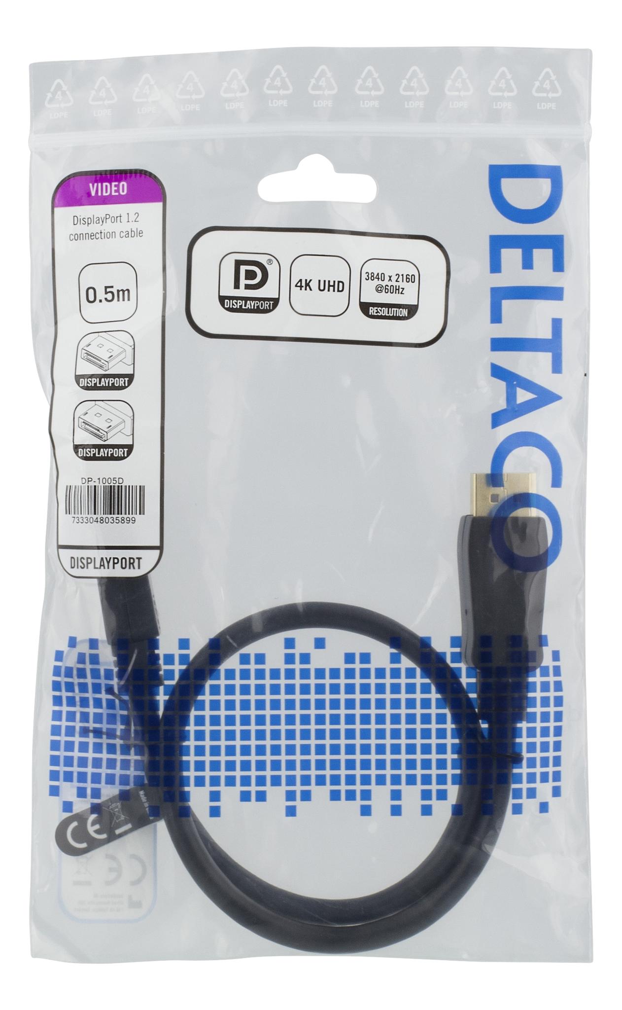 Deltaco DisplayPort cable, 0,5 m, 4K UHD, DP 1.2, black